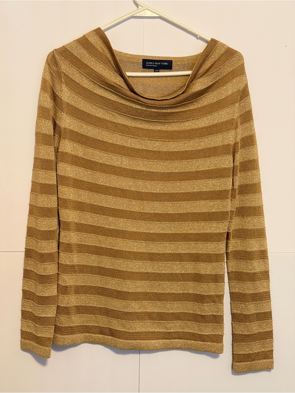 Jones New York Metallic Gold & Camel Striped Cowl Neck Sweater